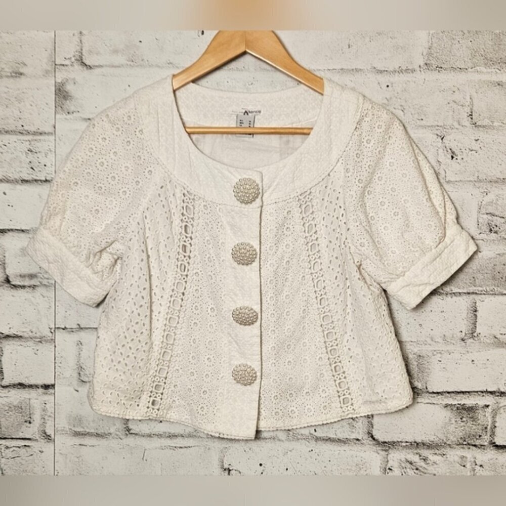 Kensie White Eyelet Lace Button Up Top Pearl Buttons Cottagecore Blouse - Size M